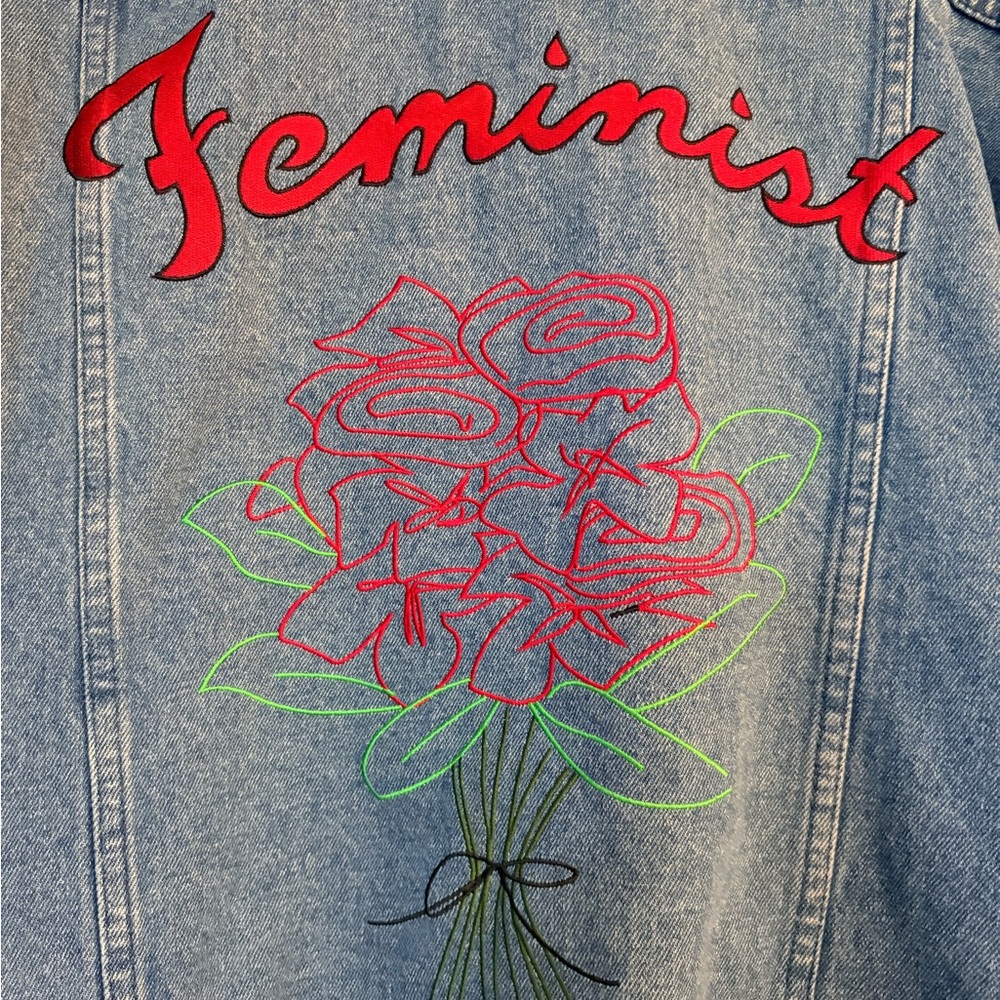 RARE Vintage “Feminist” Embroidered Denim Jacket – Size Large – Oversized Fit